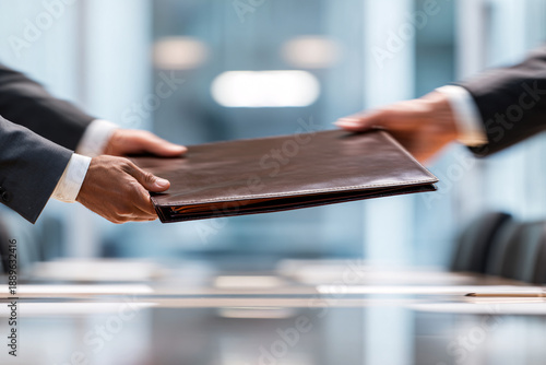 Corporate project handover concept with professionals exchanging confidential file during meeting negotiation.