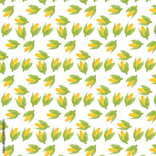 Seamless pattern of cartoon corn cobs with yellow kernels and green husks scattered on white, perfect for food-themed designs, kitchen decor, or playful harvest projects
