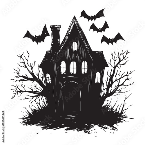 Silhouette Halloween house with bats flying around it and a pumpkin on the ground isolated on white background. 