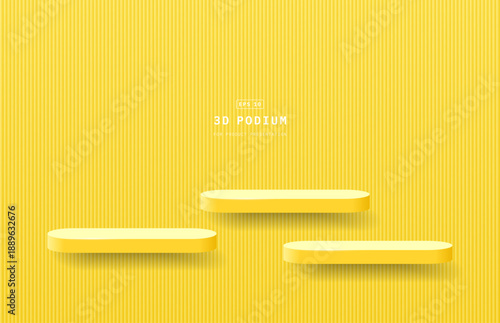 Realistic luxury yellow 3d round podium pedestal hanging floating on vertical wall. Minimal wall scene for cosmetic mockup. 3d stage for showcase. Vector geometric platform. 3d vector rendering.
