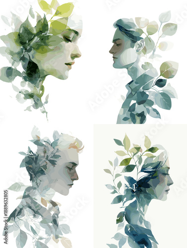 Minimalist watercolor female profile portraits blended with leaves and botanical elements, symbolizing nature harmony, femininity, and soft contemporary illustration style.