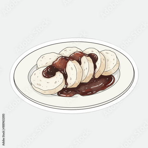 Watercolor illustration of white dumplings covered in dark brown sauce on a white plate