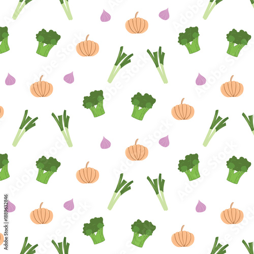 Vibrant seamless pattern of fresh, wholesome vegetables, including crisp broccoli, slender spring onions, and savory purple onions, for healthy eating and culinary designs