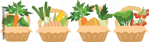 A vibrant collection of fresh produce baskets showcasing a delicious assortment of healthy vegetables, perfect for cooking, nutrition, and a balanced diet