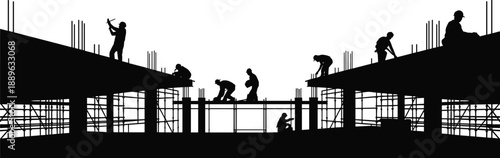 Silhouettes of construction workers on scaffolding using tools and working with rebar, representing teamwork, manual labor, and structural development on an active jobsite.