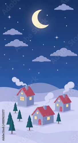 Cozy Winter Night Scene with Houses Under a Crescent Moon