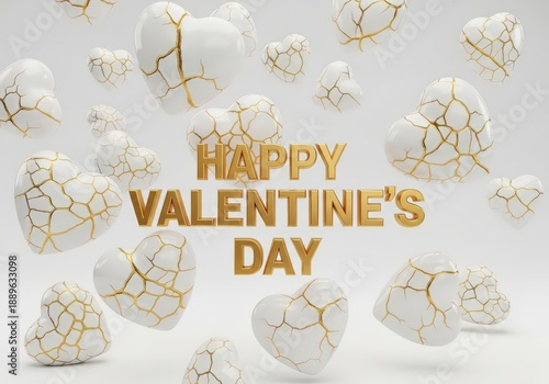 Elegant Golden Happy Valentines Day Hearts with Cracks and Gold Veins