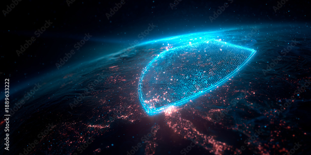 Obraz premium Global digital shield protecting Earth with data security and cybersecurity, modern technology concept with glowing neon outline