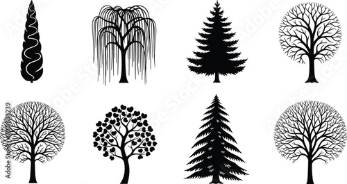 Black silhouette illustration of eight diverse tree shapes—ideal for nature design, landscaping concepts, botanical studies, and environmental-themed creative projects.