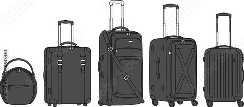 Travel luggage collection, modern suitcase, rolling bag, carry-on, hard shell, soft case, airport gear, travel essentials, vector illustration, isolated on white background, realistic style