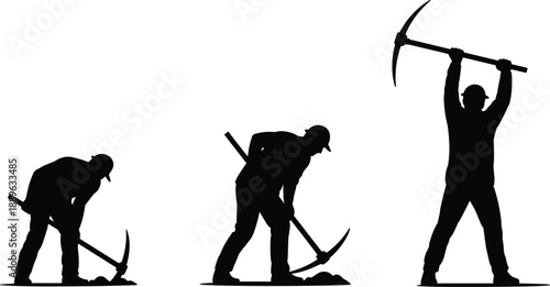 Silhouettes of manual laborers using pickaxes in varied striking poses, representing physical effort, industrial work, and repetitive motion on a construction or mining site.