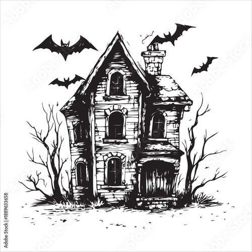 Silhouette Halloween house with bats flying around it and a pumpkin on the ground isolated on white background. 