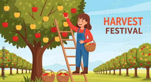 Young girl harvesting apples from a tree during a harvest festival.