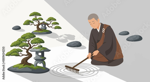 Elderly monk raking sand in a traditional Japanese Zen garden.