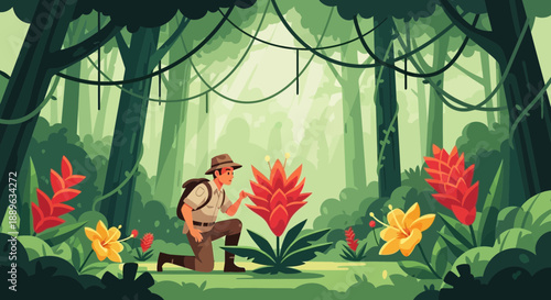 Explorer examining a vibrant red tropical flower in a lush jungle.