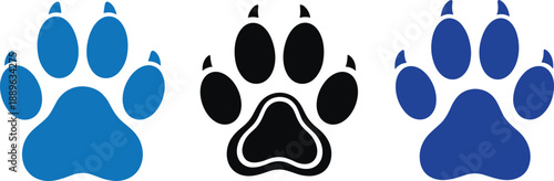 Vector illustration set of three animal paw prints with claws in blue and black colors isolated on white background.