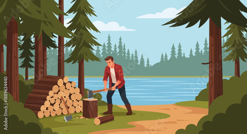 Man chopping wood with an axe near a lake in a forest.