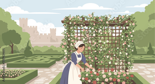 Victorian Maid Tending to a Rose Garden Trellis.