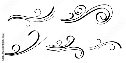 hand drawn set wind doodle blow, gust design isolated on white background