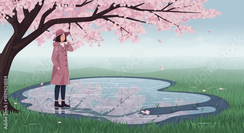 Woman in pink coat standing under a cherry blossom tree.