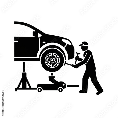 Mechanic Changing Car Tire on Lift in Garage from Side View