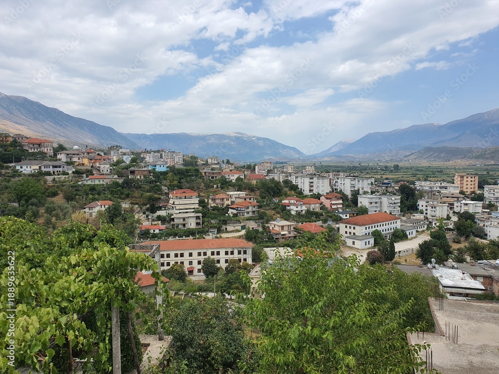 Fototapeta premium Historic Gjirokaster Old Town, Albania – UNESCO World Heritage City with Traditional Ottoman Stone Houses and Balkan Architecture