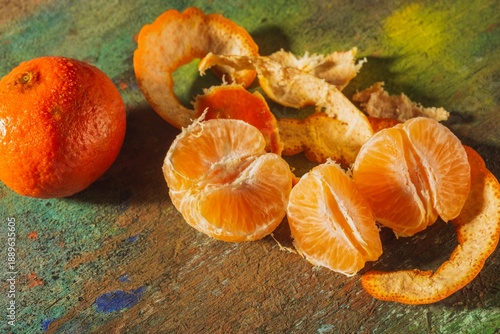 Fresh tangerines on a bright background. Abstract backdrop- top view of a still life