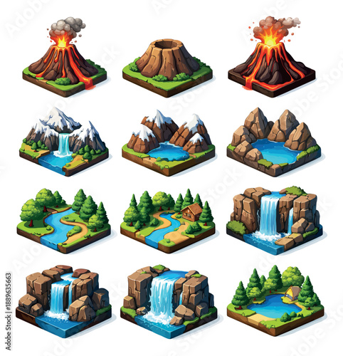Isometric cartoon landscape elements set featuring volcanoes, mountains, lakes, rivers, and waterfalls for fantasy map design