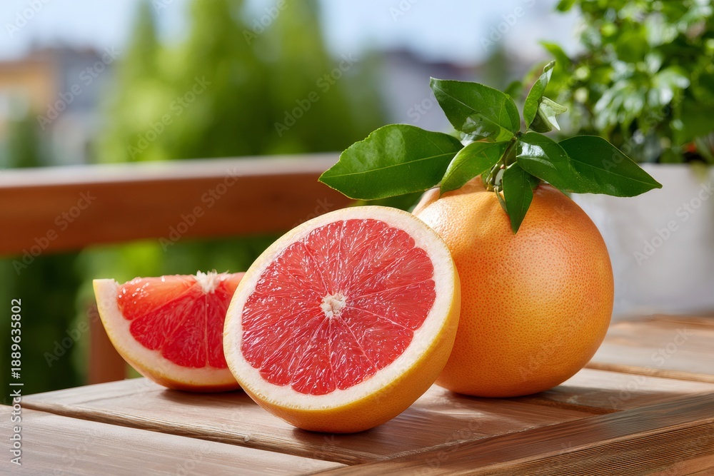 Naklejka premium Fresh grapefruit slices on wooden table outdoors