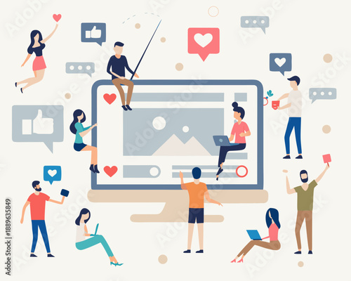 People interacting with social media on a large smartphone display