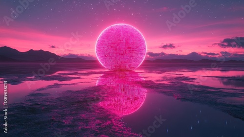 A glowing pink orb reflects on water under a vibrant pink and purple sunset sky