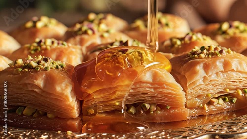 Pouring Honey on Delicious Traditional Turkish Baklava Dessert