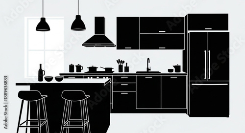 Modern Kitchen Interior Design Silhouette Black and White.