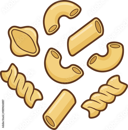 Cute Cartoon Assortment of Uncooked Pasta Shapes Including Macaroni Fusilli Penne and Shells Vector Illustration