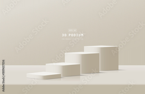 Clean cream studio showroom. Luxury realistic cream 3d cube podium pedestal or product display stand. Cube podium scene for product display presentation. Vector geometric platform. Stage for showcase.