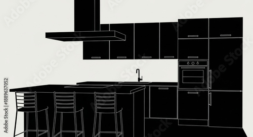 Modern Kitchen Interior Design Silhouette Black and White.