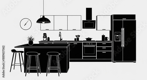 Modern Kitchen Interior Design Silhouette Black And White.