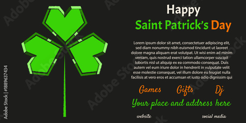 Saint Patrick's Day ads vector banner. Horizontal St Patrick banner with trendy Glitch effect and grunge texture trefoil clover and bold holiday message. EPS 10