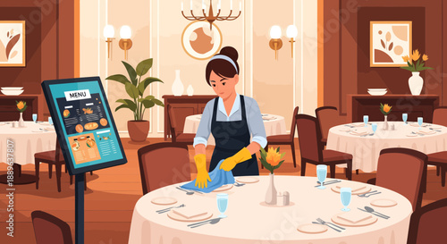 Waitress diligently cleaning a table in a restaurant.
