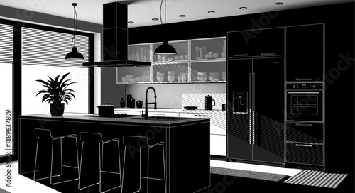 Modern Black Kitchen Interior Design with Island and Appliances.