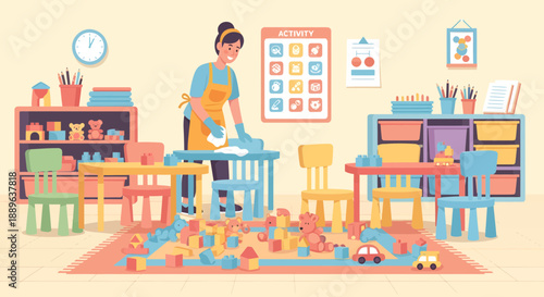 Woman cleaning a table in a colorful kindergarten classroom.