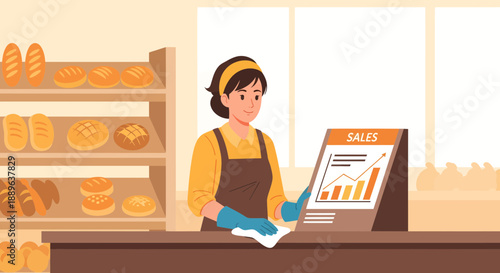 Woman cleaning counter in bakery with sales chart.
