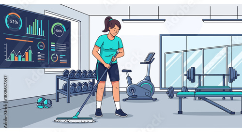 Woman cleaning gym floor with mop.