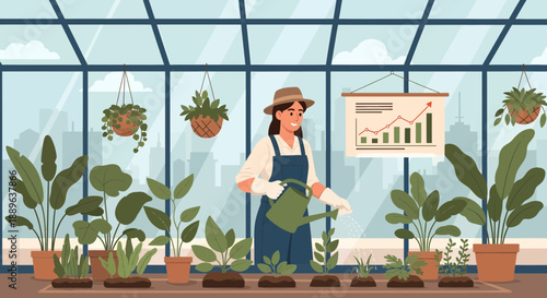 Woman watering plants in a greenhouse tending to her garden.