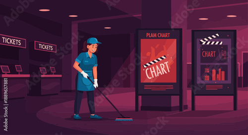 A dedicated female cleaner diligently sweeping the floor with a broom maintaining a pristine environment.