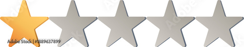1 Star Rating Icon. Single golden star and four grey stars on white for customer review, quality assessment, or feedback.