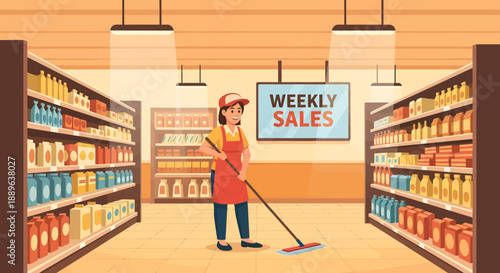 Female supermarket worker mopping the floor with a mop.