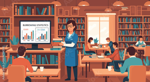 Female teacher presenting statistics to students in a library.