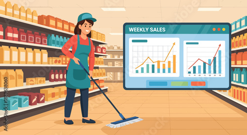 Female worker cleaning supermarket aisle with mop.