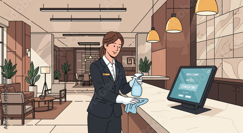 Hotel staff member cleaning the reception desk with spray and cloth.
